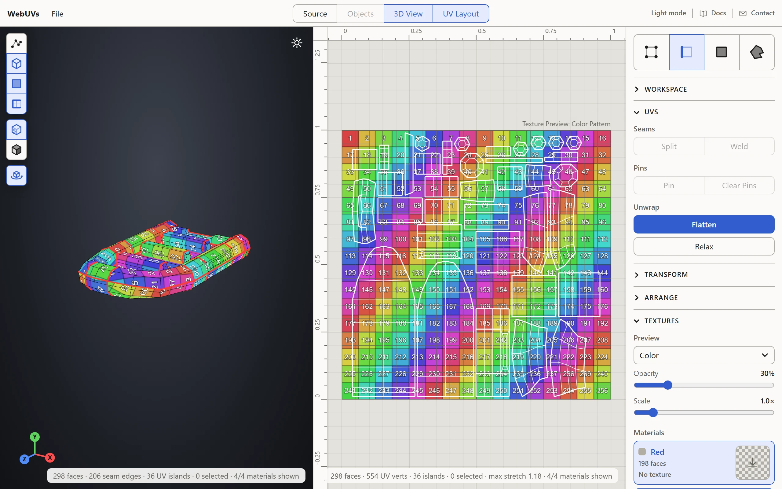 The editor with an example model, its 3D View and UV Layout side by side