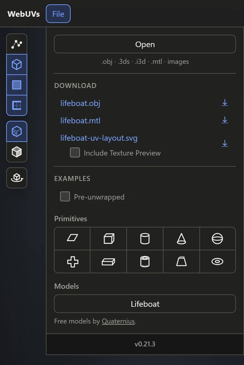 The File menu: Open, the files to download, and the shapes and example models