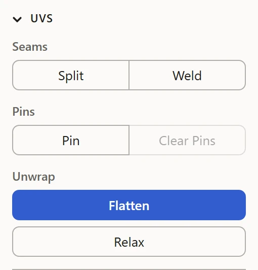 The sidebar's UVs section: Seams, Pins and Unwrap